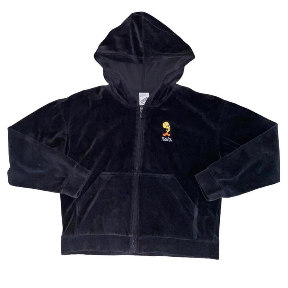 Vintage 90s Tweety Bird Looney Tunes Velour Zip Up Hooded Jacket